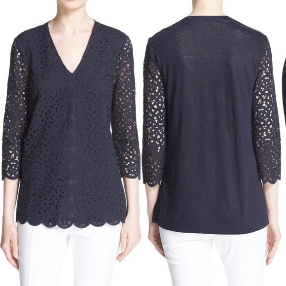 Tory Burch Broderie Detail 3/4 Sleeve Top in Navy Blue - Picture 1 of 10